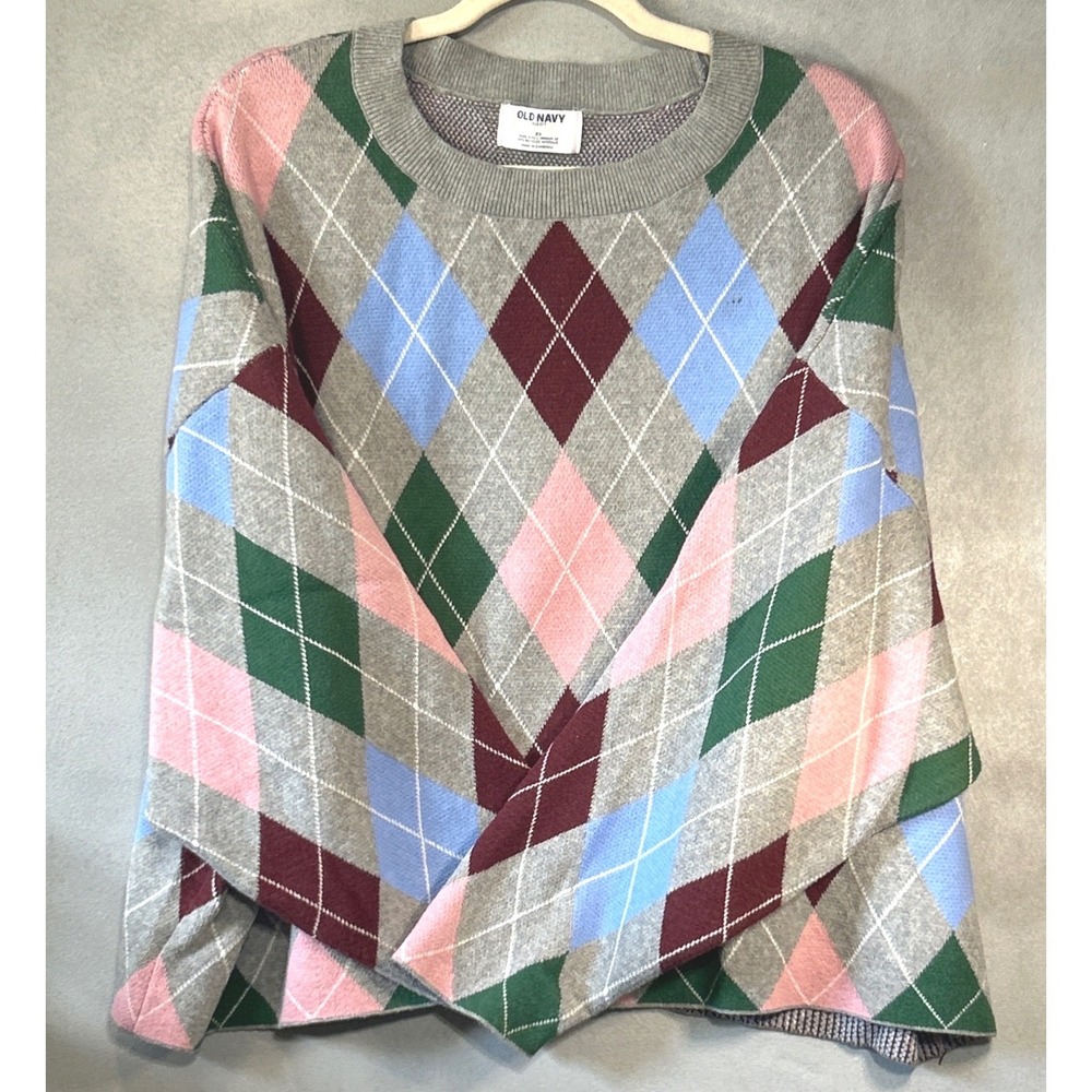Old Navy 3X Argyle Sweater Gray Pink Blue Green Oversized Crewneck Pullover